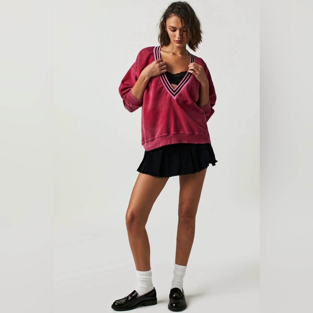 Free People Tricia Fix Collegiate V-neck Sweatshirt - Picture 2 of 9